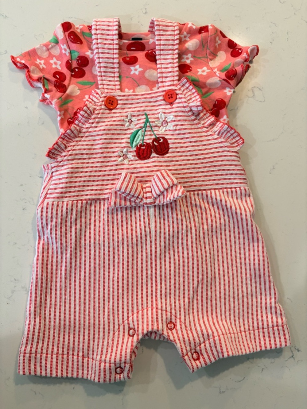 Picapino Baby Girls Cherry Seersucker Overalls & Shirt Set 6/9M